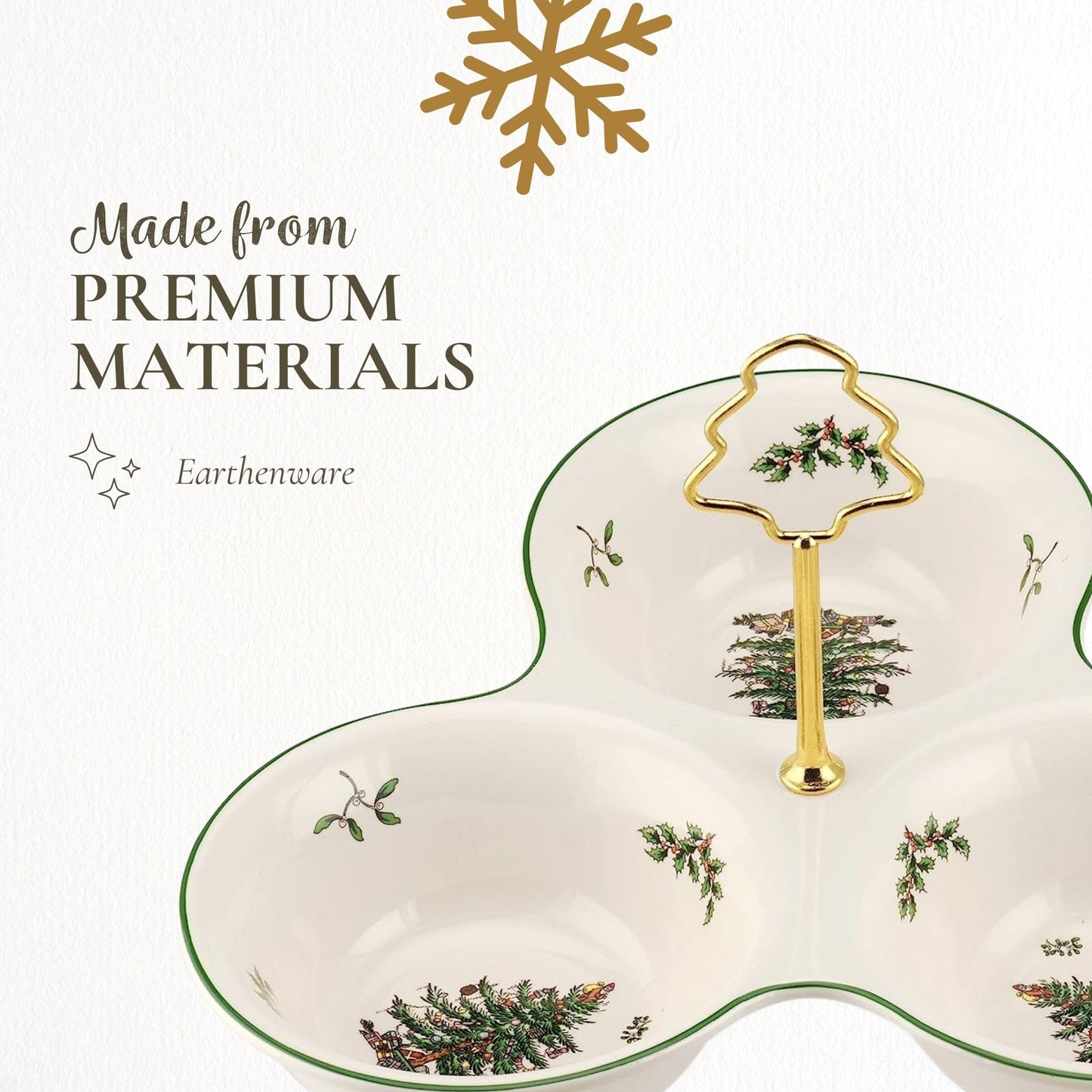 Spode Christmas Tree 3 Section Server with Tree Handle - Divided Serving Tray for Nuts, Candies, Condiments, Holiday Treats - Festive Earthenware Tableware for Seasonal Entertaining & Hosting