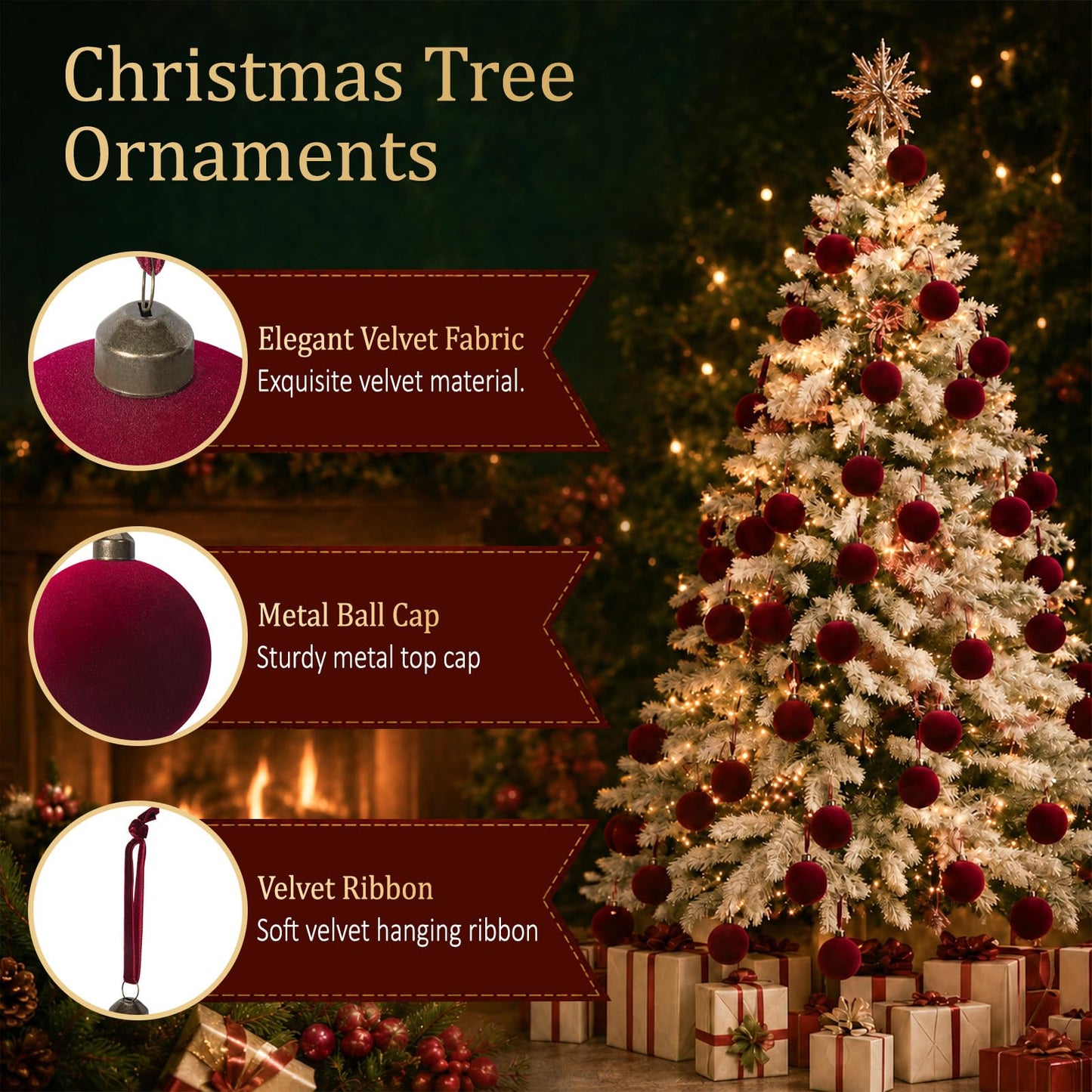 15 Pcs Red Velvet Christmas Decorations Balls, 2.65 Inch Christmas Ornaments for Xmas Tree Decor, Dark Red Flocked Ball for Family Holiday Party Valentines Hanging Decoration
