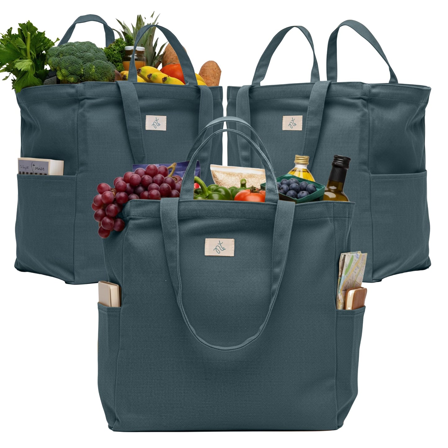 Nook Theory 3-Pack Reusable Grocery Bags - Heavy Duty, Large 12 Oz Cotton Canvas Reusable Shopping Bags With Pockets, 100% Cotton Cloth Grocery Totes, Foldable Multi Compartment (Ocean)