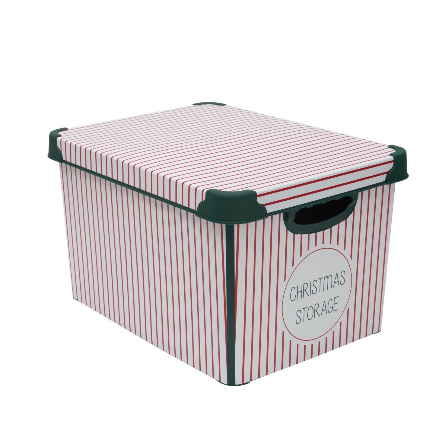 Simplify Christmas Stripe Design Holiday Tote Bin Ornament Storage | Holds 60 Ornaments | Removeable Lid | Easy Carry Handles | Christmas Storage | Green