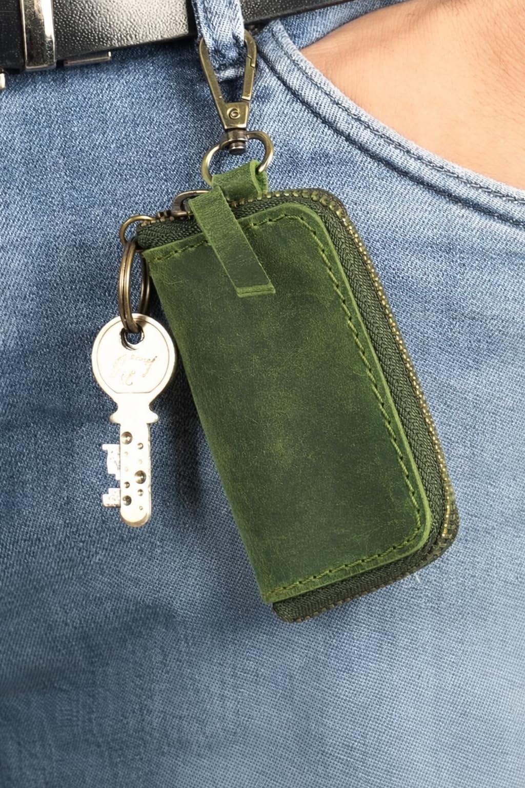 Handmade Full Grain Leather Car Key Holder & Zippered Coin Purse | Belt Loop Key Chain, Compact Earphone Holder Multi-Functional Money Purse Elegant Leather Accessory Versatile Key Organizer (Green)