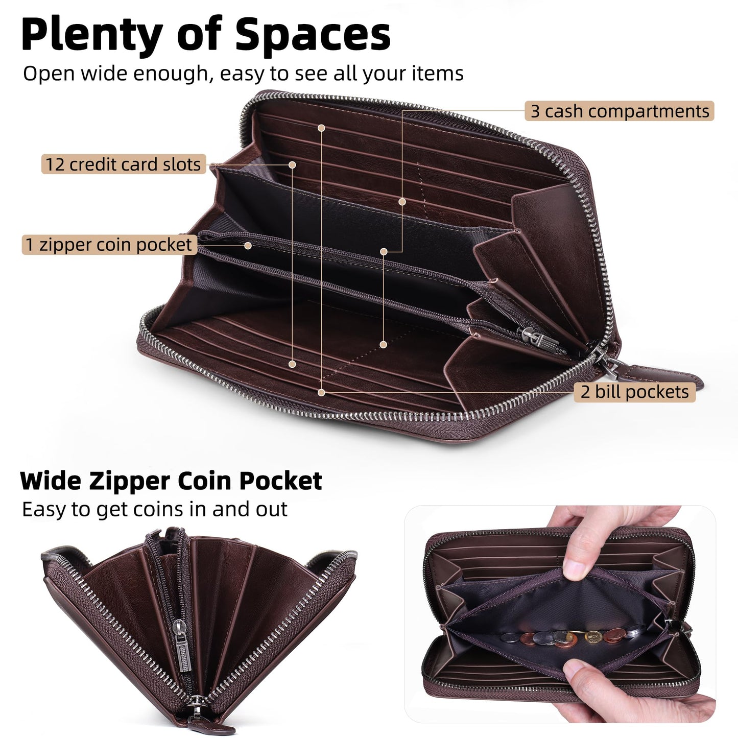 VISOUL Leather Long Zipper Pouch Wallet for Men and Women with RFID Blocking, Large Clutch Cash Long Wallet with Zipper (Coffee)