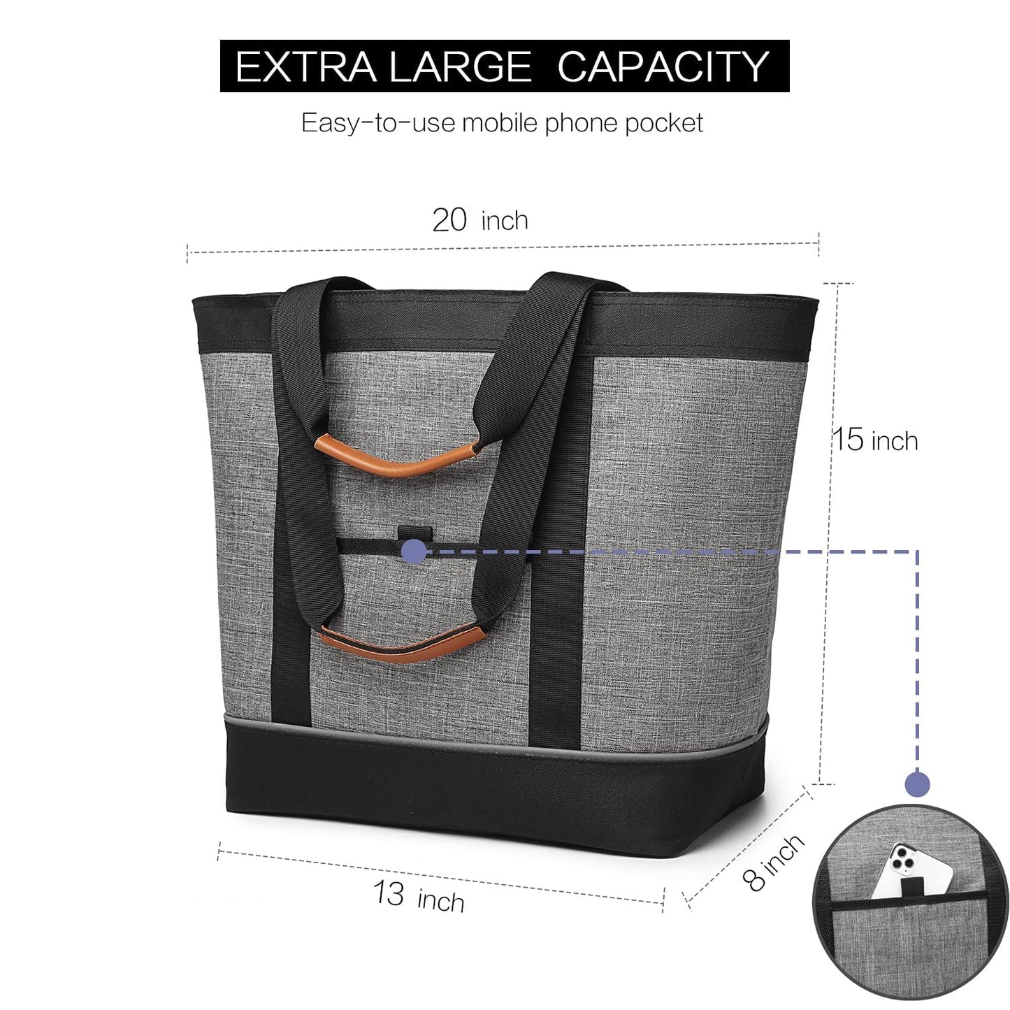 TIIOCTI Large Insulated Cooler Tote Bag, Reusable Grocery Cooler Bag, Collapsible Soft Cooler for Frozen Food, Picnic, Beach and Shopping, Grey