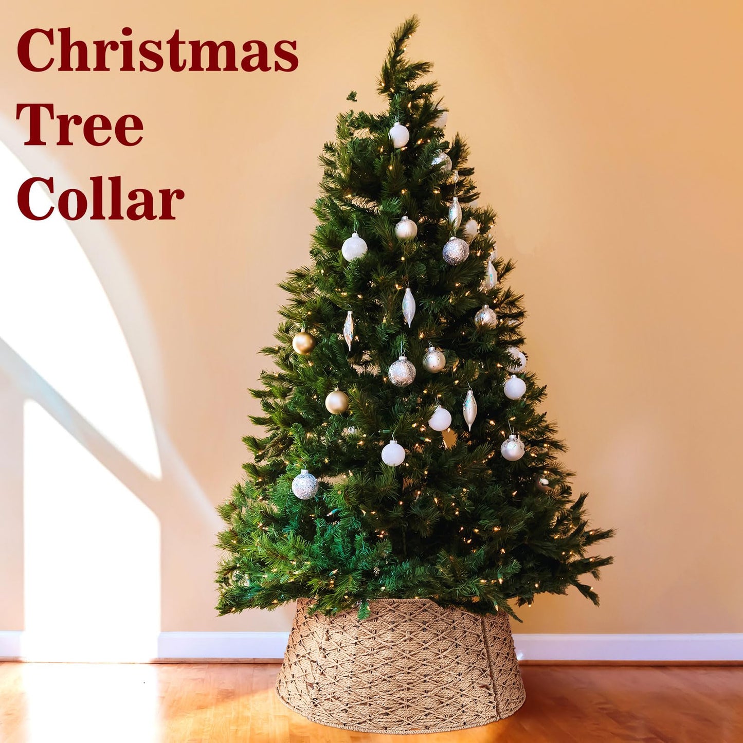 Poen Woven Rattan Christmas Tree Collar, Neutral Wicker Tree Skirt, Rustic Farmhouse Christmas Stand Base Cover Decor Handmade X-Shape Weave Design(Khaki,24 Inch)