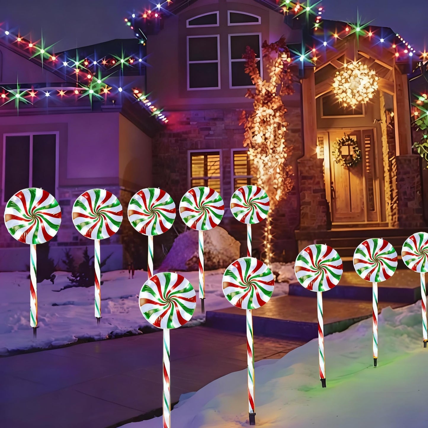 NAHIYELAS Christmas Solar Lollipop Pathway Lights 5 Pack Outdoor Candy Cane Stake Light with Bow Waterproof Walkway Xmas Outsides Garden Yard Lighting Landscape Decorative Decoration