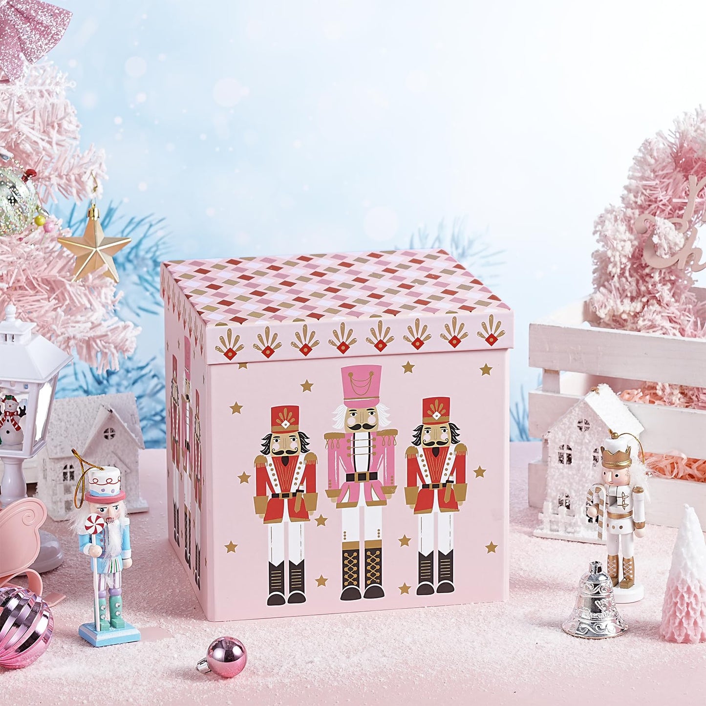 RUSPEPA Christmas Gift Box with Lid, Pink Nutcracker Soldier Design and Diamond Pattern Lid, Medium Collapsible Box with Ribbon, Tissue Paper for Girls, Gift Wrap, Candy Storage, 9x9x9 Inches, 1 Pcs