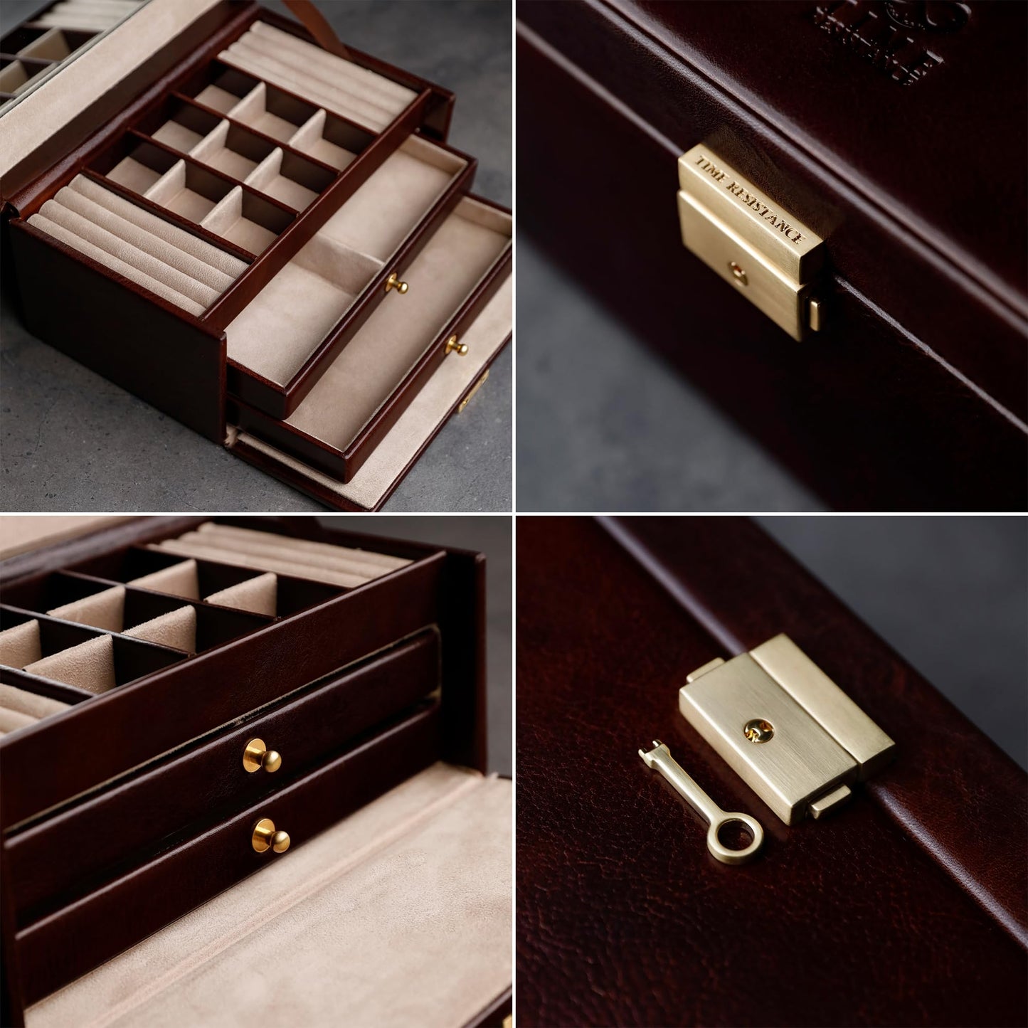 Time Resistance Jewelry Box - Full Grain Leather Jewellery Organizer - Accessories Storage - Key Lock Box for Women (Brown)