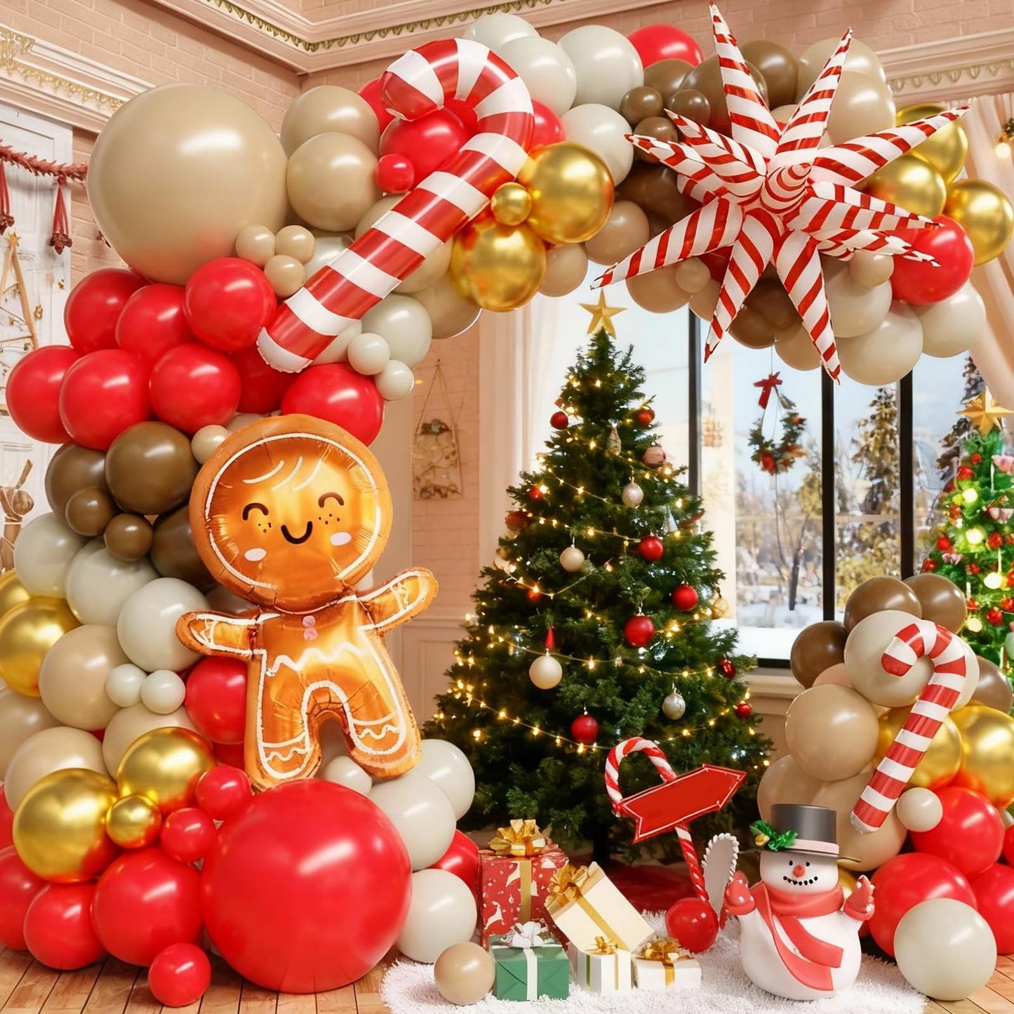 FunHot Christmas Balloon Arch Kit, Xmas Beige Red Balloon Garland, Apricot Brown Red Metallic Gold Latex Balloons with Gingerbread Man Candy Cane Star Foil Balloons for Christmas Party Decorations