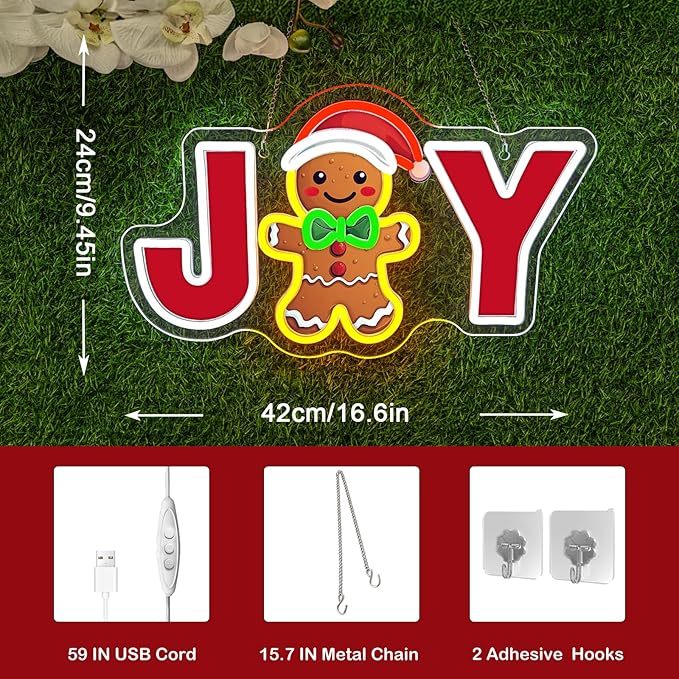 JOY Gingerbread Man Neon Sign – Christmas LED Wall Light with Santa Hat & Holiday Décor – Festive Neon Sign for Home, Parties, and Seasonal Decorations