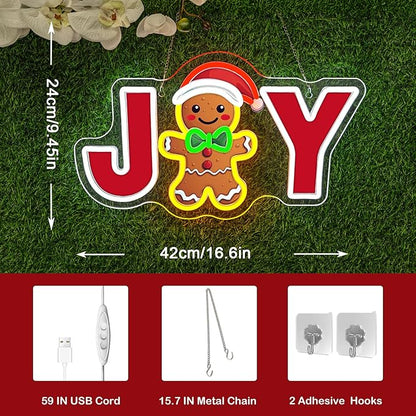 JOY Gingerbread Man Neon Sign – Christmas LED Wall Light with Santa Hat & Holiday Décor – Festive Neon Sign for Home, Parties, and Seasonal Decorations