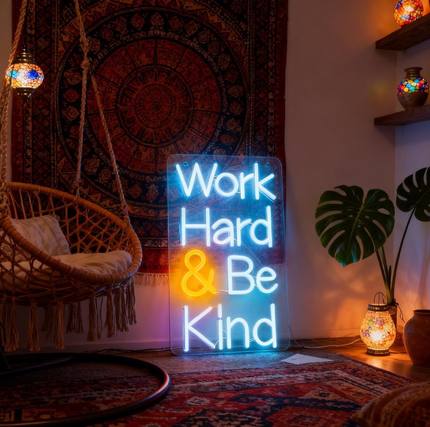 Work Hard Be Kind Neon Sign, Inspirational Quote Light Up Sign, Office Home Bedroom Living Room Workspace Gift Wall Table Decor USB Powered Dimmable LED Neon Light 16.1 x 9.4 In