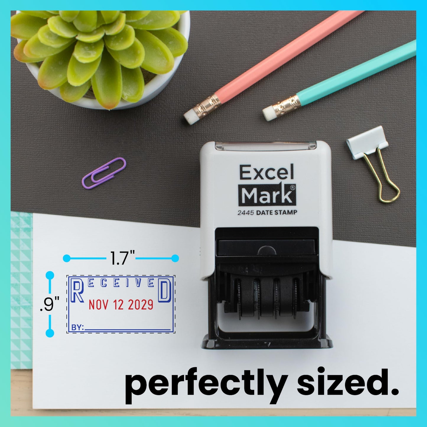 ExcelMark 2445 Date Stamp with Text - Blue and Red Ink (Gray Mount, Received)