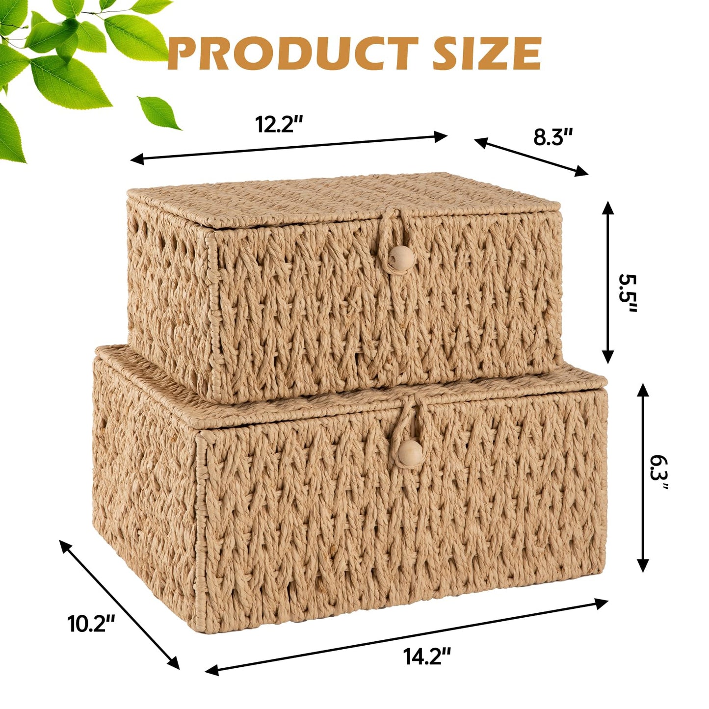 OIAHOMY Wicker Storage Basket with Lid & Lock, Lidded Storage Bins, Decorative Baskets for Organizing, Set of 2-Natural
