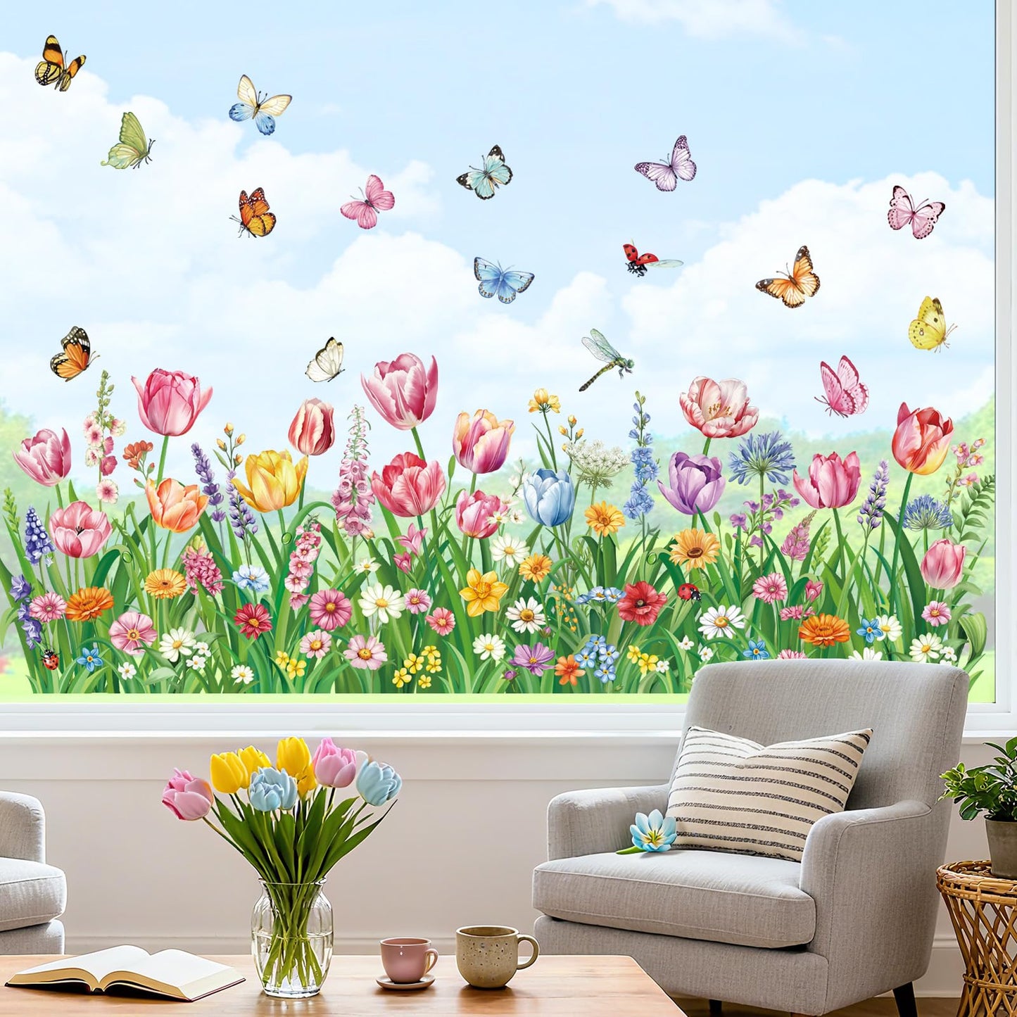 decalmile Spring Pink Tulips Flower Double Sided Window Clings Green Grass Garden Floral Wildflower Butterflies Anti-Collision Glass Doors Window Stickers Decals