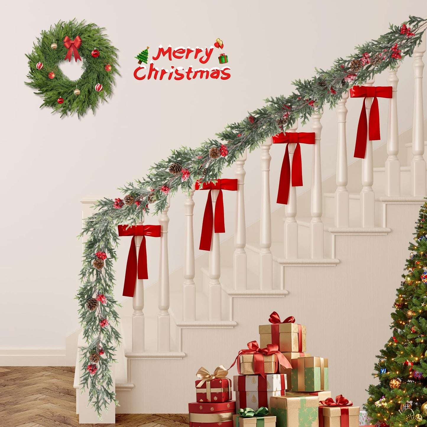 6FT Christmas Garland with Lights, Christmas Decor Pre-lit Artificial Pine Garland with Battery Operated Timer, Decorations Indoor Outdoor Home Holiday Flocked Garland for Mantel Window Stairs Wall