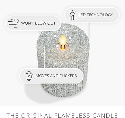 Luminara Brilliant Silver Glitter Ribbed Flameless LED Candle Moving Flame Pillar, Real Wax, Flat Top, Timer (3.25" x 4.5")