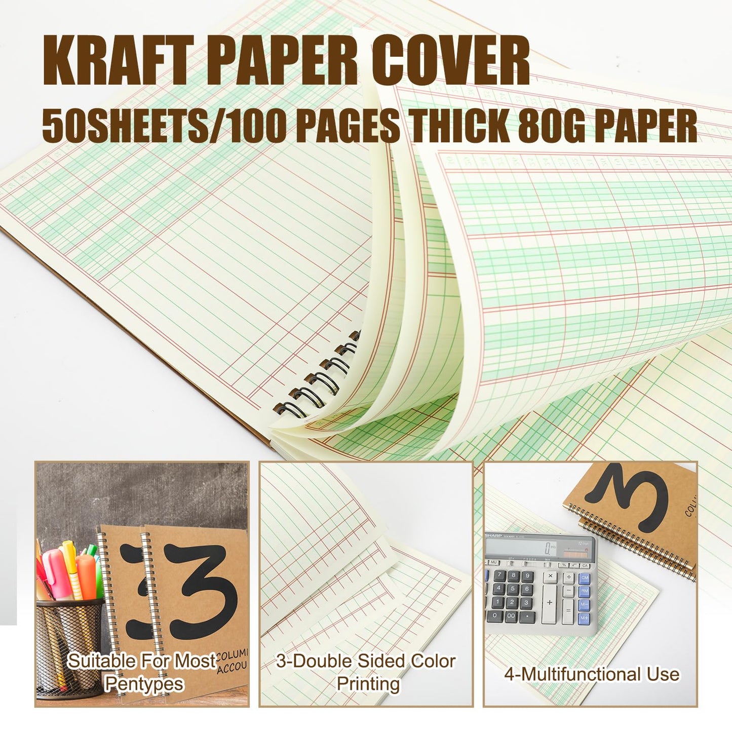 2 Pcs Accounting Ledger Book 3 Column 7 * 9.25inch Columnar Notebook Columnar Pad 3 Columns Kraft Paper Cover 100 Pages for Personal Use Small Business(50 Sheet)