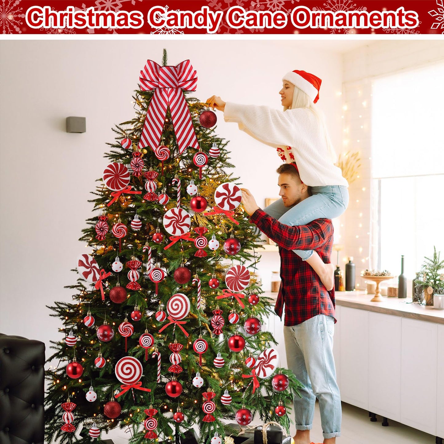 Soulchen 69 Pcs Candy Cane Christmas Tree Ornaments Set Red and White Christmas Decorations Lollipop Picks Shatterproof Hanging Xmas Balls Peppermint Striped Bow for Tree Party Holiday Decorations