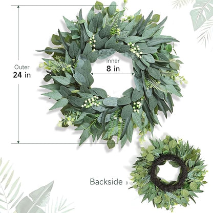 24 Inch Handmade Eucalyptus Wreaths for Front Door, Large Artificial Greenery Spring Summer Wreath, Farmhouse Outdoor Decor All Year Round