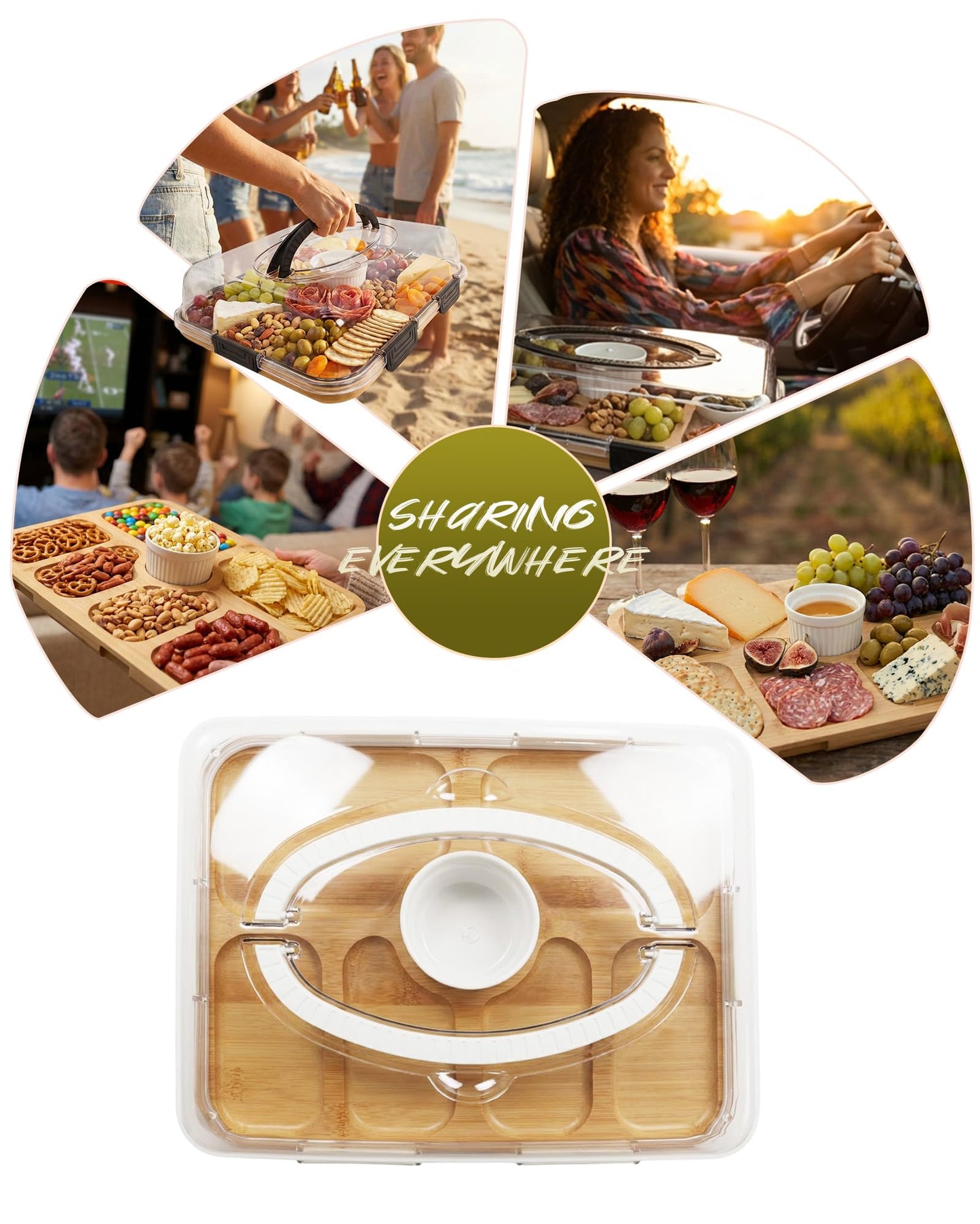 Charcuterie Board with Lid & Ice, Upgraded 6 Snap Laches, Sauce Cup Included, Large Portable Cheese Tray with Handle, Serving Tray for Picnic & Pool, House Warming Gifts New Home (White)