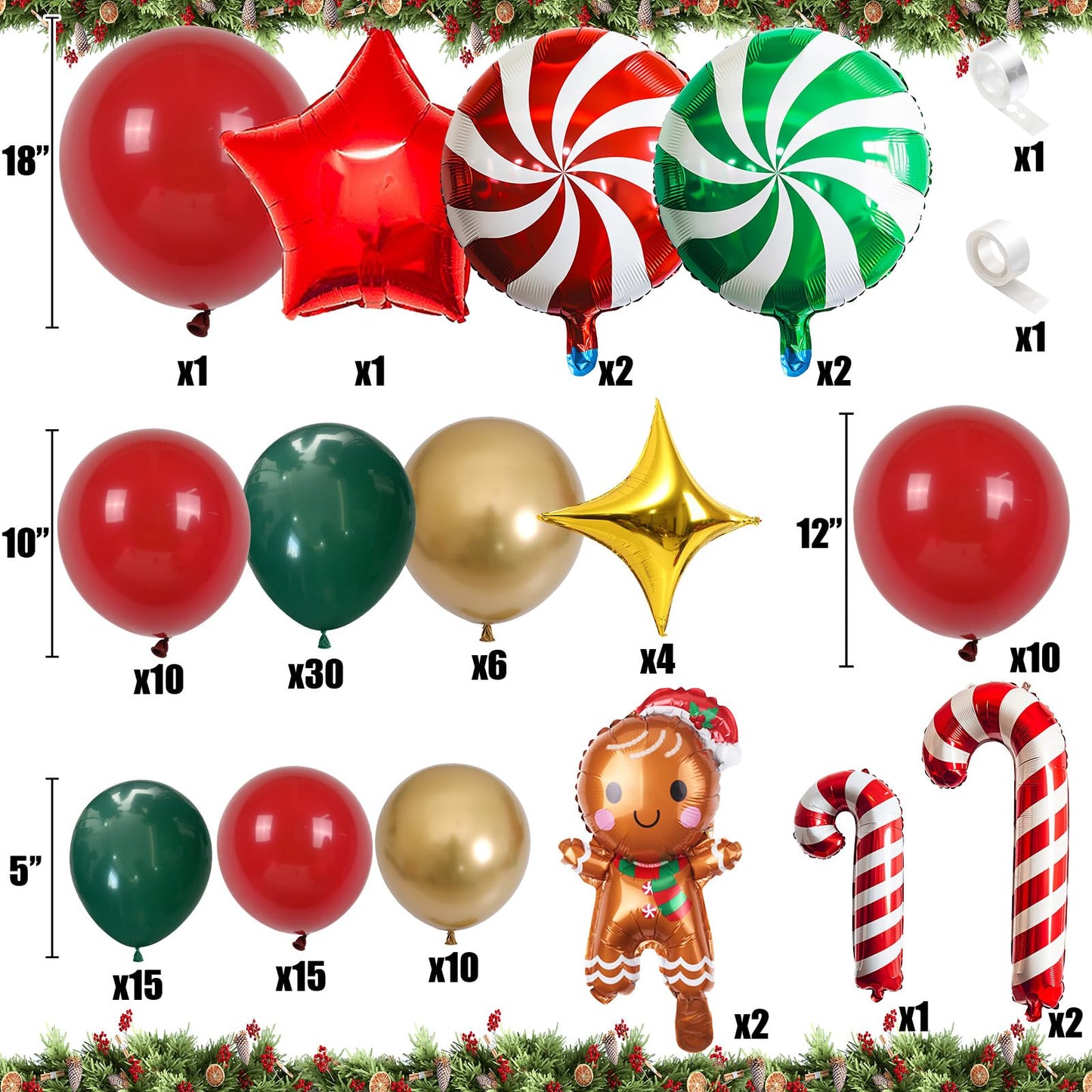 Christmas Balloon Garland Arch Kit Red Green Gold Latex Balloons Large Gingerbread Man Red Green Lollipop Candy Mini Cane Foil Balloons with Four/Five Pointed Star for Xmas New Year Party Decorations