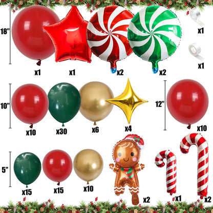 Christmas Balloon Garland Arch Kit Red Green Gold Latex Balloons Large Gingerbread Man Red Green Lollipop Candy Mini Cane Foil Balloons with Four/Five Pointed Star for Xmas New Year Party Decorations