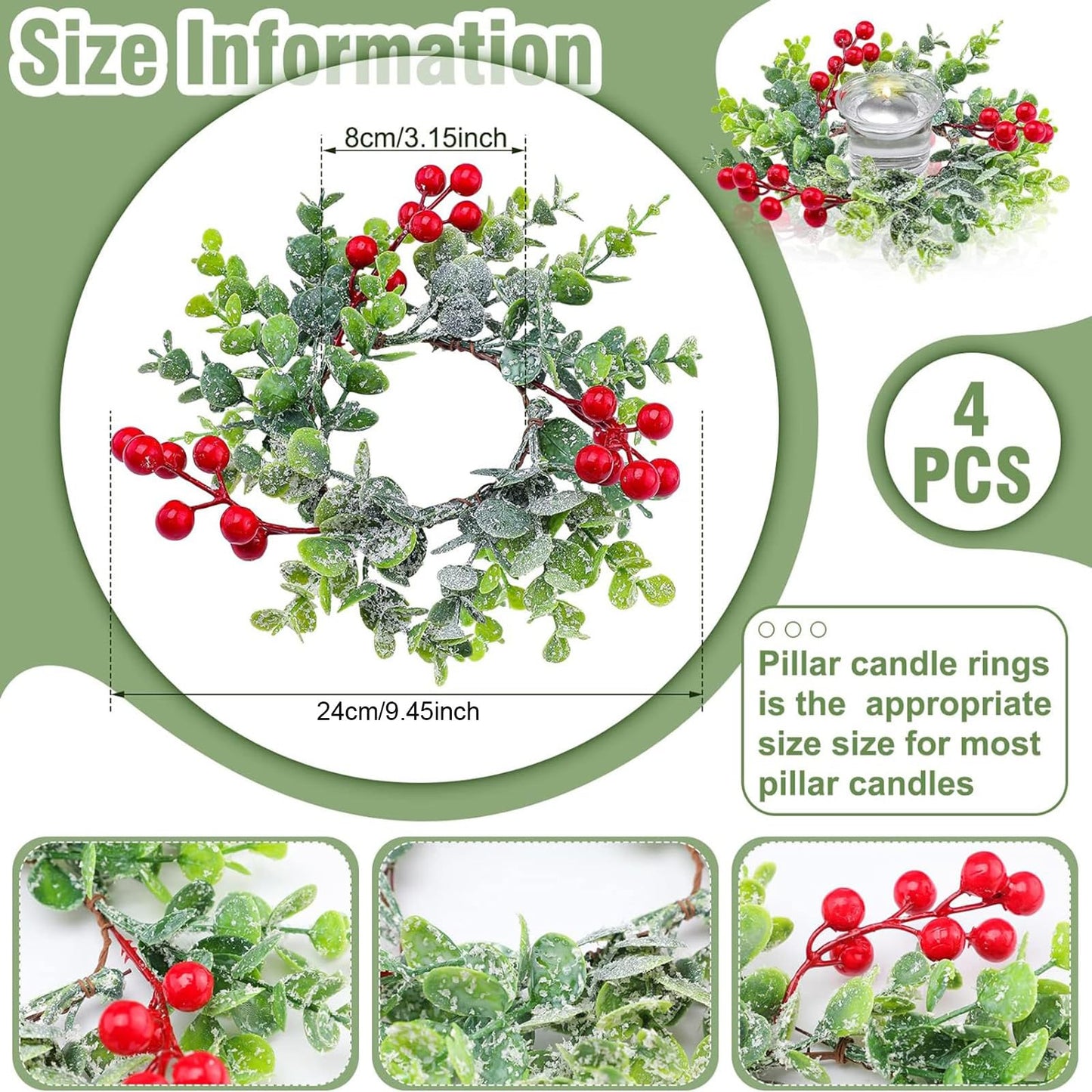 WILLBOND 8 Pieces 9.5" Mini Christmas Wreaths for Kitchen Cabinet Small Christmas Candle Rings Red Berries Wreath Pillar Candle Rings Xmas Hanging Garlands for Front Door Fireplace Window Decor