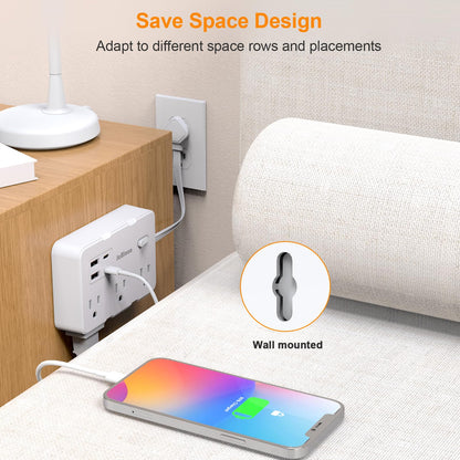 Flat Plug Power Strip Surge Protector, 5ft Ultra Thin Extension Cord with 4 USB Wall Charger(2 USB C Port), 6 Widely-Spaced Outlets Power Strip Compact for Travel, Office, Dorm Room Essentials (White)