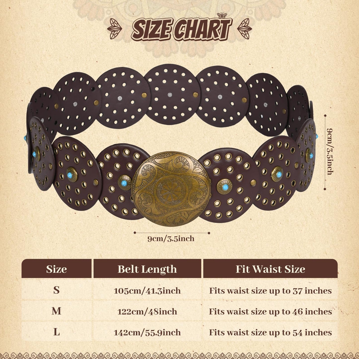 QILVYTH Western Leather Belts for Woman Boho Cowgirl Wide Disc Belt for Women Concho Cowboy Waist Belts for Dress Chocolate-bronze 48'' (fits waist size up to 45'')
