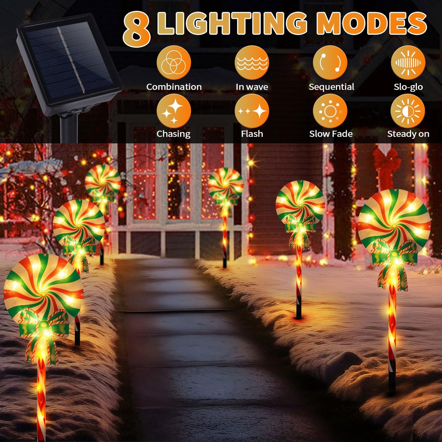 Set of 3 Solar Christmas Lights Decorations with 8 Lighting Modes, Solar Lollipop Pathway Stakes Lights, Outdoor Christmas Decor for Garden, Yard, Porch (Xmas Lollipop)