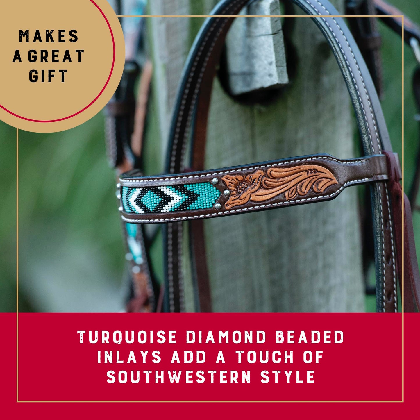 Weaver Equine Turquoise Diamond Beaded Horse Headstall, Leather Headstalls for Horses for Trail Riding, Durable Equine Supplies, Dark Oil