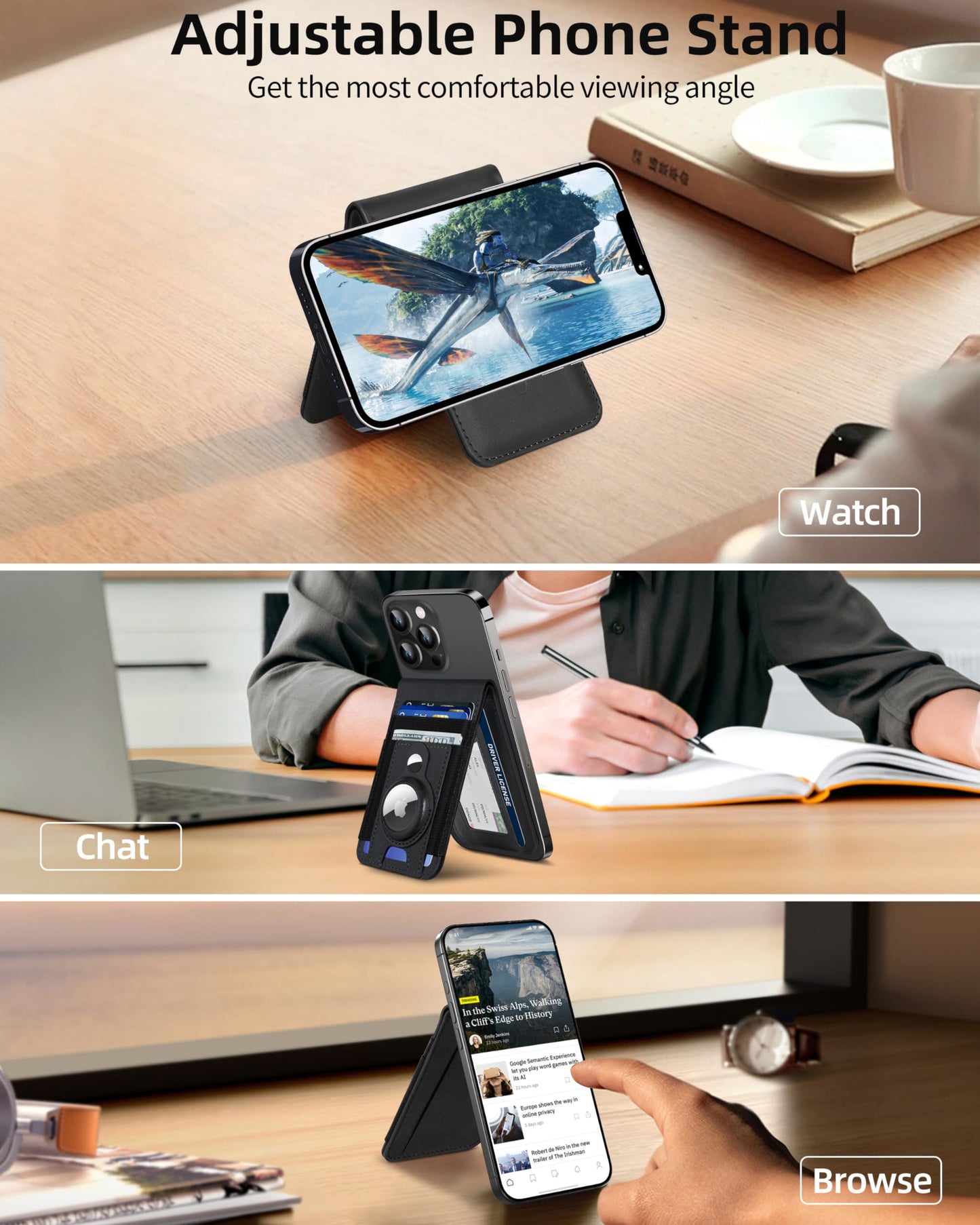 ExtreLife For Magsafe Wallet Stand with Airtag Holder, Strongest Magnetic Wallet for iPhone 17/16/15/14/13/12 Series, ID Window, 4 Card Slots, 10 Cards Holder, Vegan Leather, RFID Blocking, Black