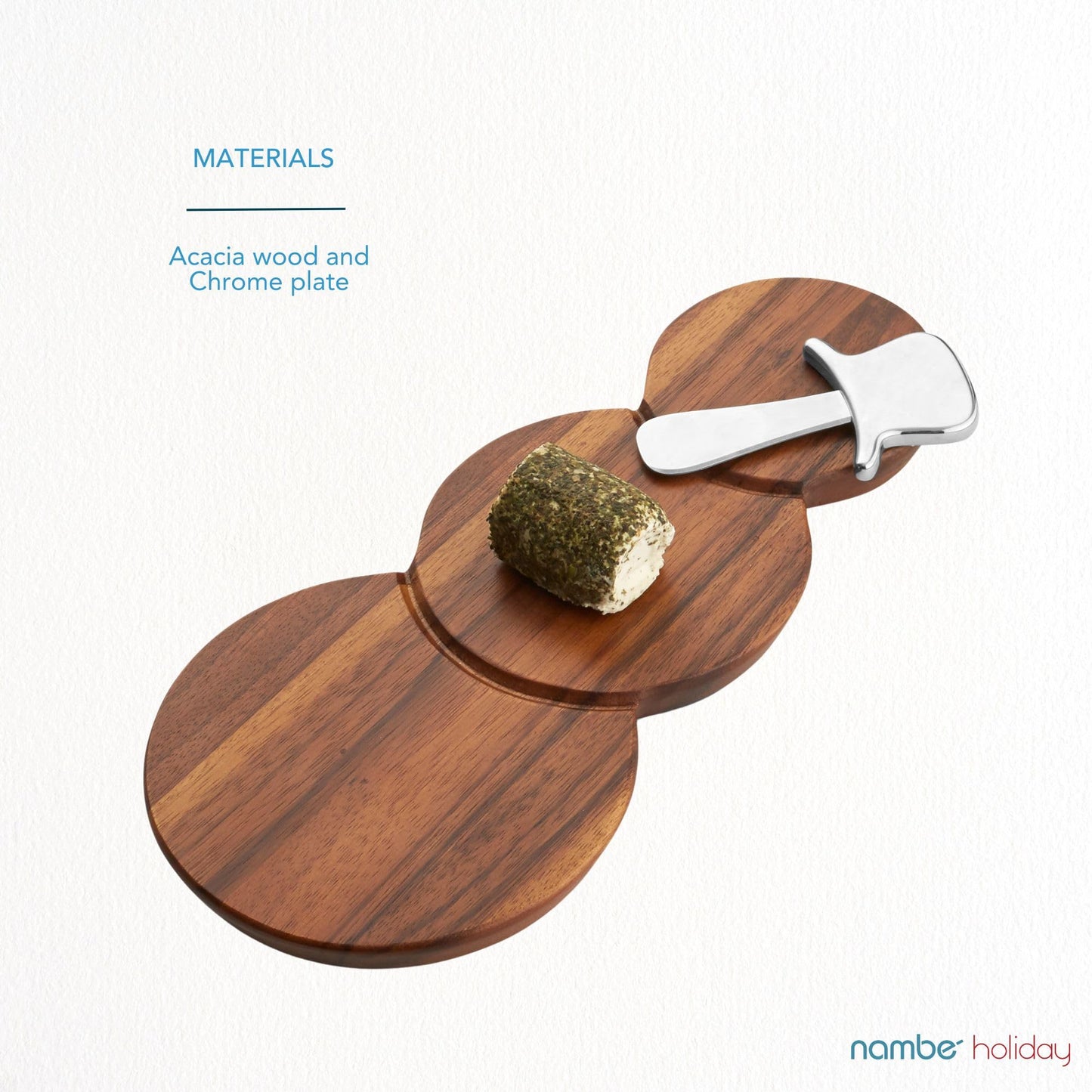 Nambé Snowman Cheese Board – Holiday Acacia Wood Charcuterie Tray with Chrome Plate Spreader, Seasonal Serveware & Giftable Entertaining Accent for Christmas Parties & Winter Gatherings