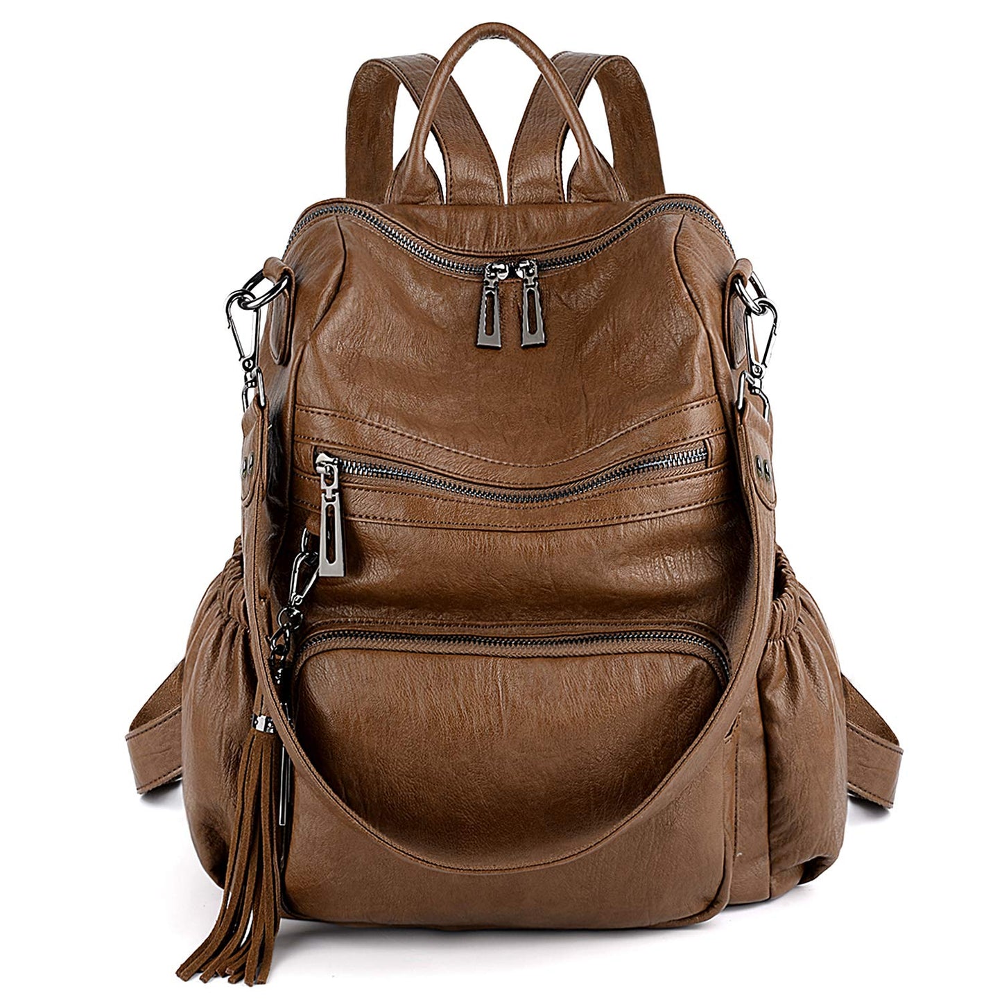 UTO Women Backpack Purse Leather Vegan Ladies Fashion Designer Rucksack Convertible Travel Shoulder Bag with Tassel Brown