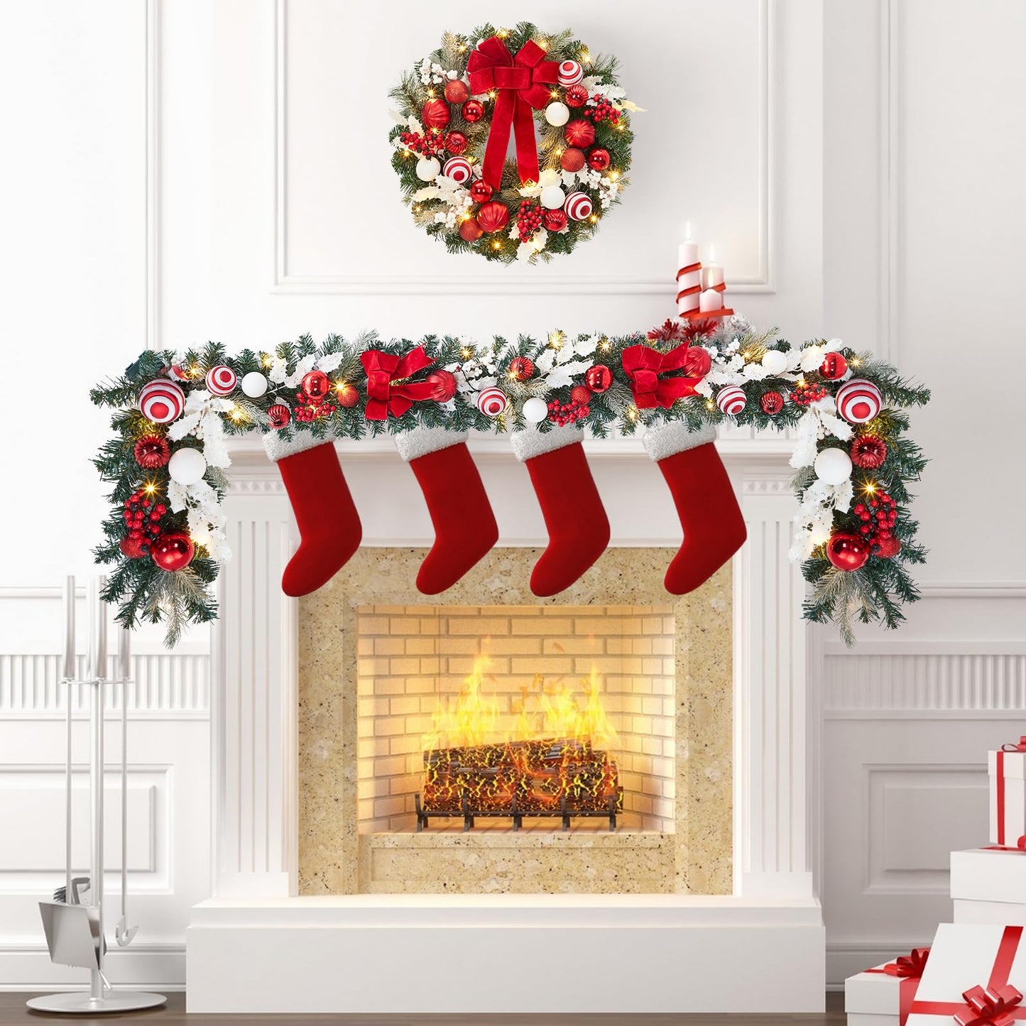 FairyLee 6ft Battery Operated Christmas Garland with 20 LED Lights & Timer, Pre-Lit Artificial Garland for Mantle, Staircase, Table, Indoor Outdoor Xmas Holiday Decor,Red Bow