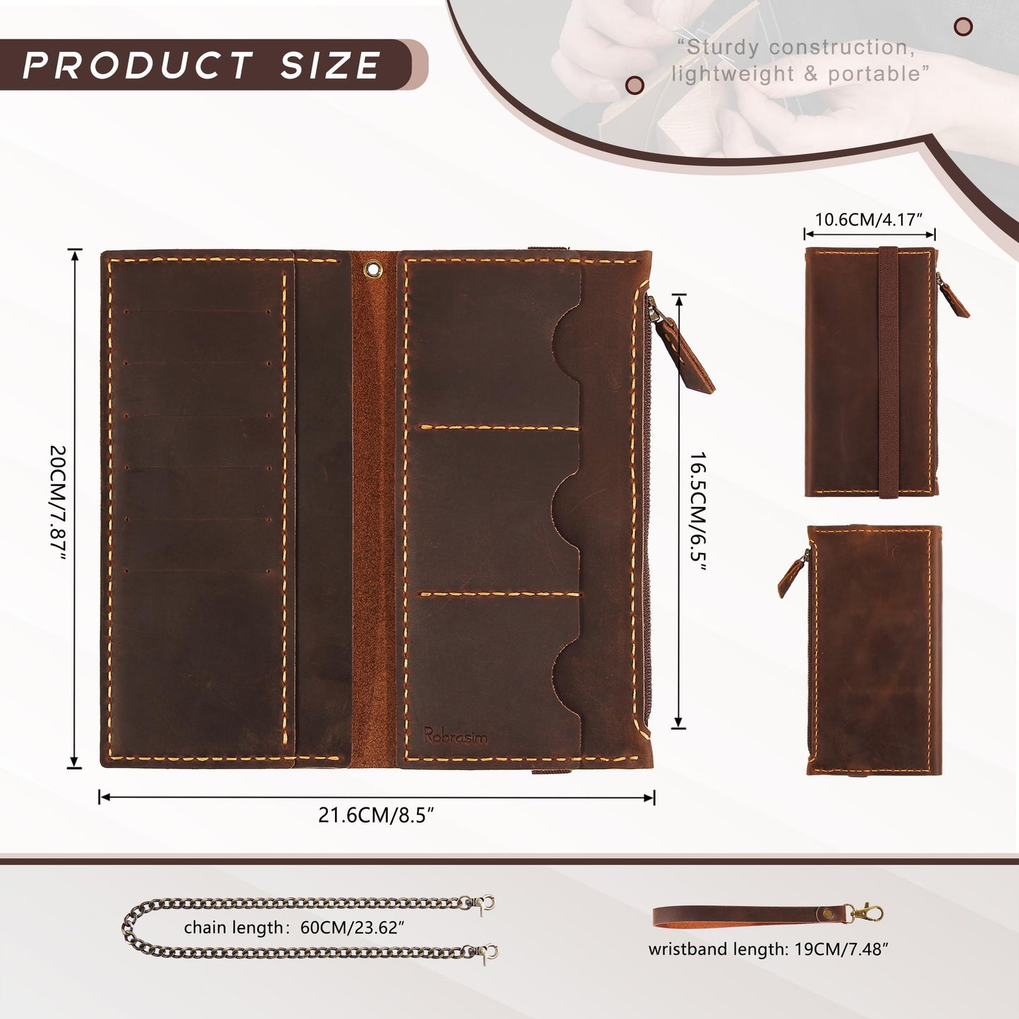 Robrasim Leather Wallet for Men and Women, Handmade Detachable Chain Wristlet Long Bifold Clutch with Large Capacity Zipper Coin Pocket (Coffee, 7.87"x4.17")