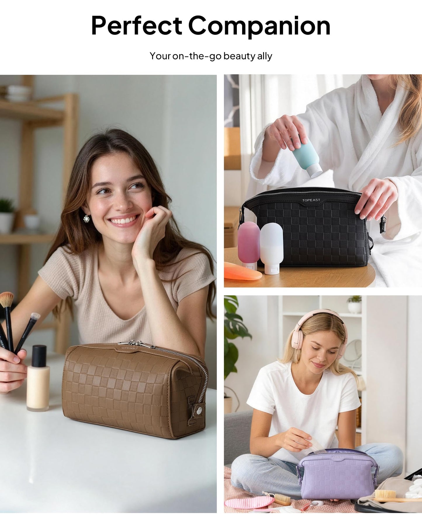 TOPEAST Travel Makeup Bag Cosmetic Bags for Women, 3 Pcs Set Make Up Toiletry Bag with Removable Zip Purse, Waterproof Leather Makeup Brush Organizer for Travel Essentials, Brown