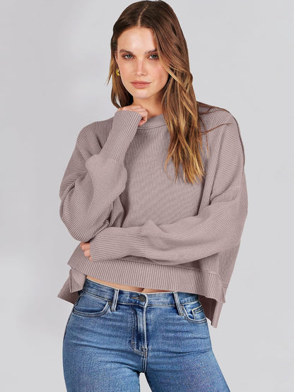 ANRABESS Womens Cropped Sweaters Oversized Crewneck Long Batwing Sleeve Side Slit Ribbed Knit Pullover Tops 2025 Fall Clothes