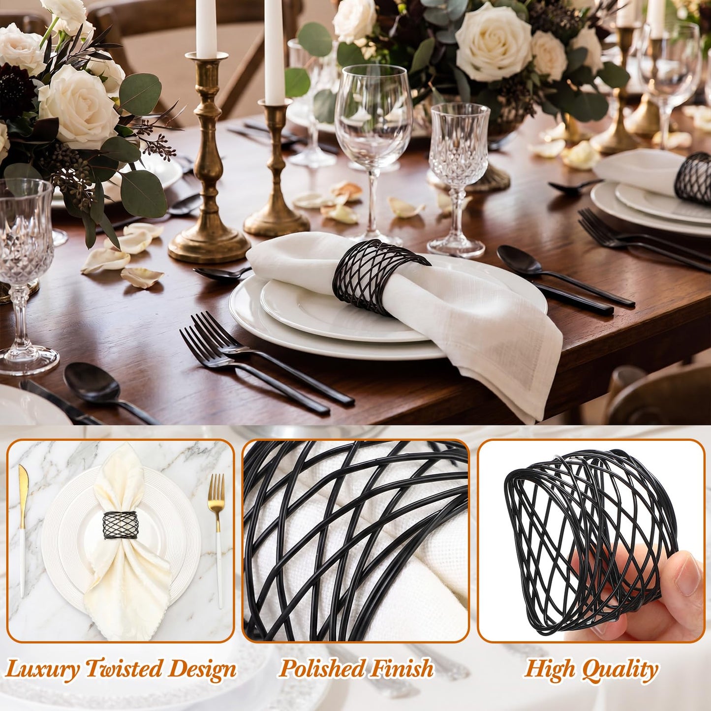 LemonRoad 12 Pcs Black Wedding Metal Napkin Rings Twisted Wire Mesh Napkin Holder Buckles Modern Boho Minimalist Semicircle Serviette Ring Rust Resistant Decorations for Cloth Napkins Dinner Banquet