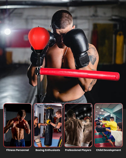 Reflex Ball & 360°Rotating Rod Boxing Bar Training Kit - Punching Bag Spinning Bar, Free Standing Design Adjustable Height for Adults（Red