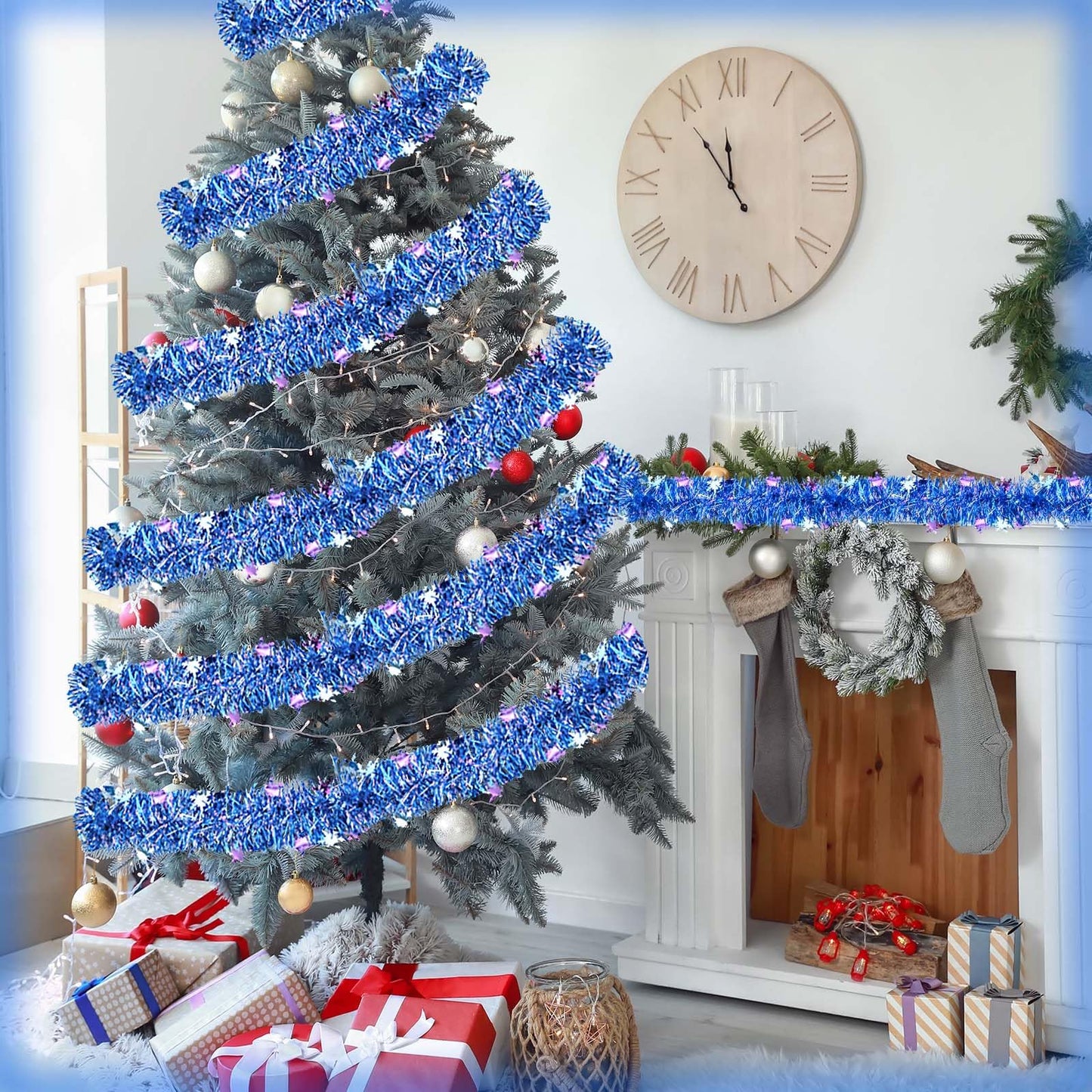 64.6 Feet Blue Purple Snowflakes Tinsel Garland Christmas Glitter Metallic Iridescent Twist Hanging Garland for Xmas Snow Winter Indoor Outdoor Ceiling Wall Tree Birthday Party Decoration