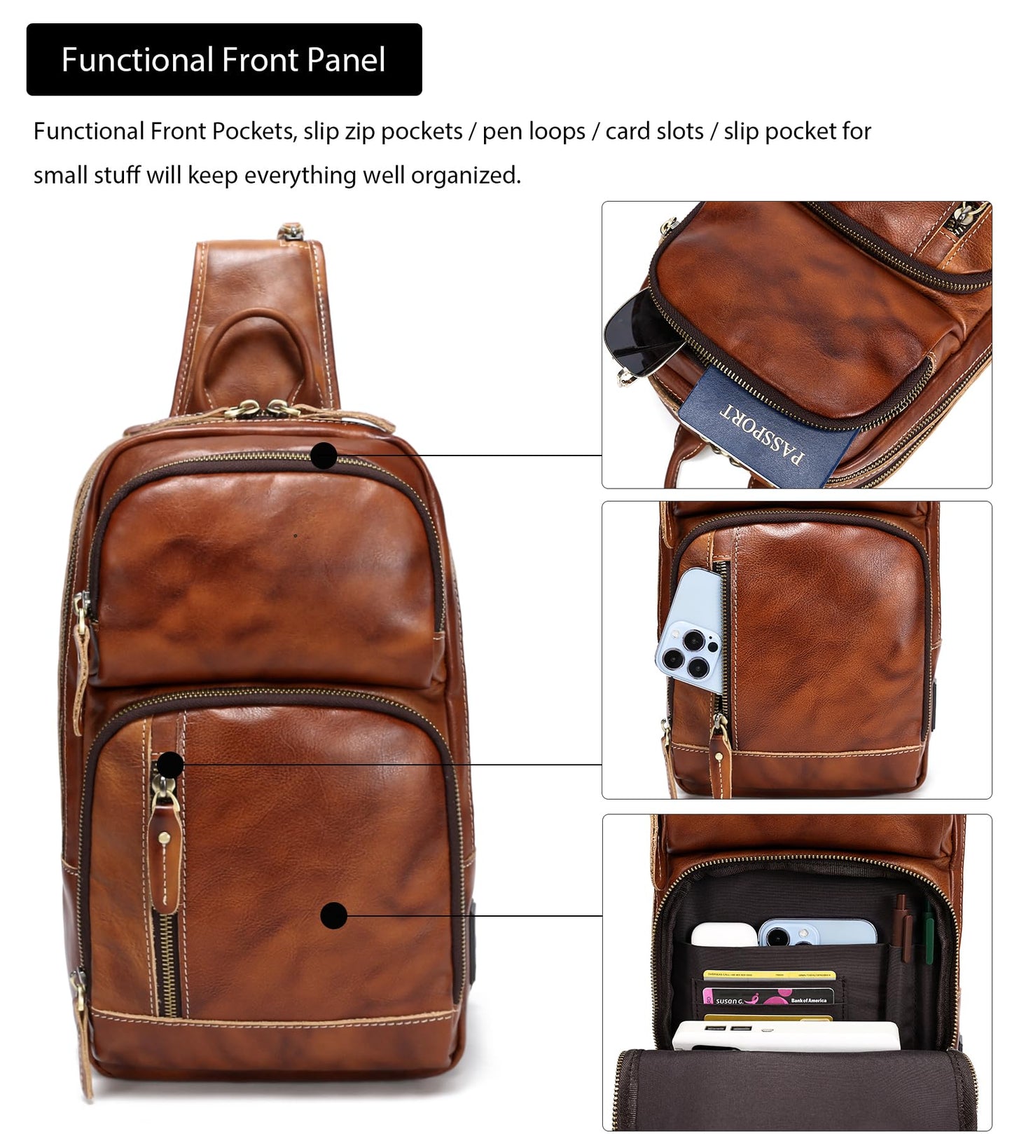 LANNSYNE Vintage Genuine Leather Sling Bag For Men, Crossbody Chest Daypack fits 10.5" iPad