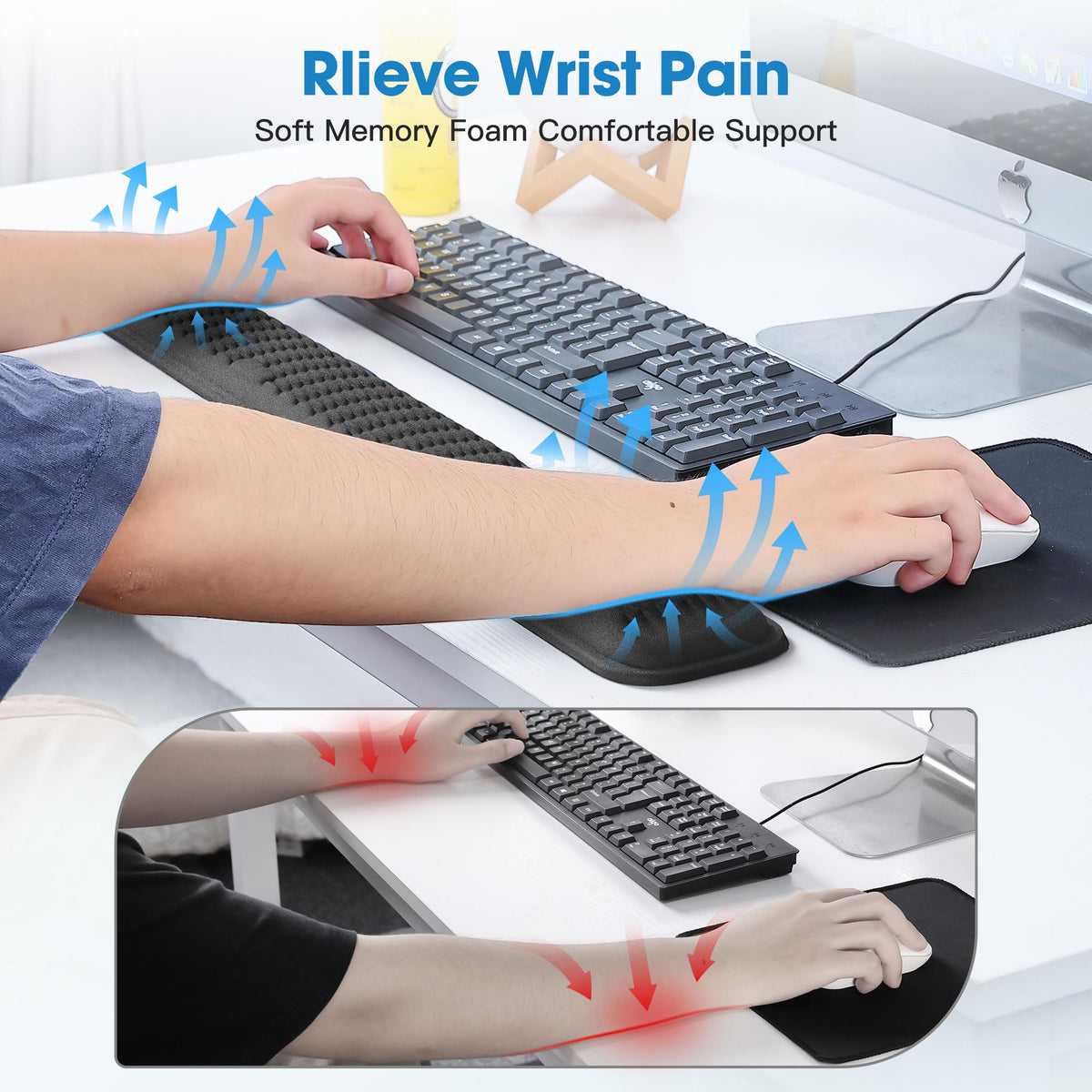 MEKASS Ergonomic Wrist Rest for Keyboard and Mouse, Soft Memory Foam Keyboard Wrist Rest Set with Non-Slip Silicone Base, Easy Typing, Pain Relief, Comfort for Office, Work, Gaming (Classic Black)