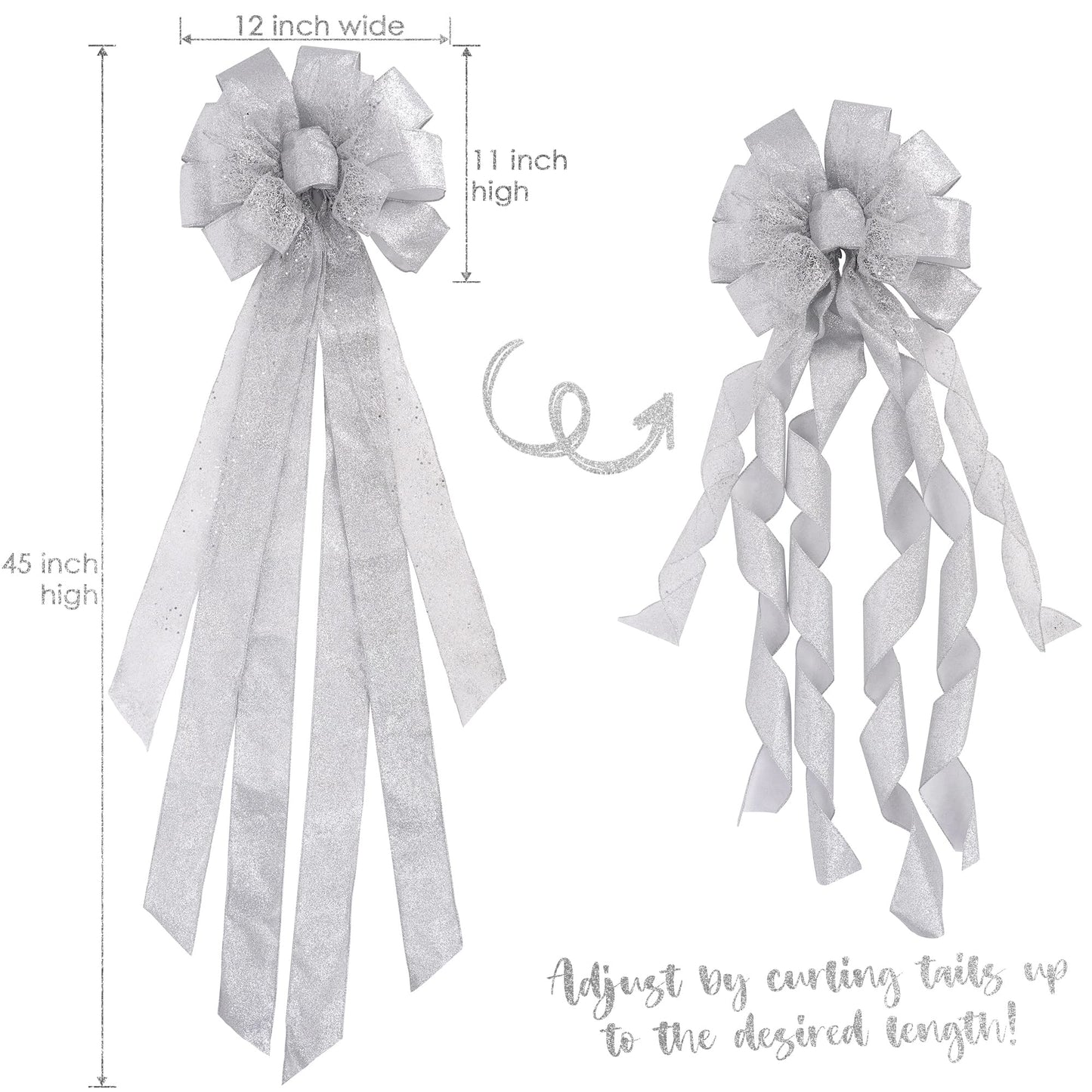 MEEDEE Silver Christmas Tree Topper Silver Glitter Christmas Bows 12" Wide Snowflake Ribbon Bow Silver Christmas Bows Silver Tree Topper Silver Bows for Christmas Tree (1 Pack)