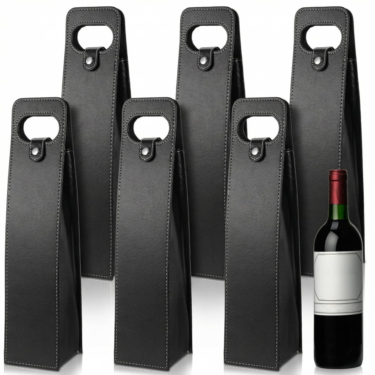 6 Pcs PU Leather Wine Bag, Reusable Single Leather Wine Bottle Carrier Case Holder for Champagne Beer Gift Presentation on Wedding Birthday Christmas(Black)