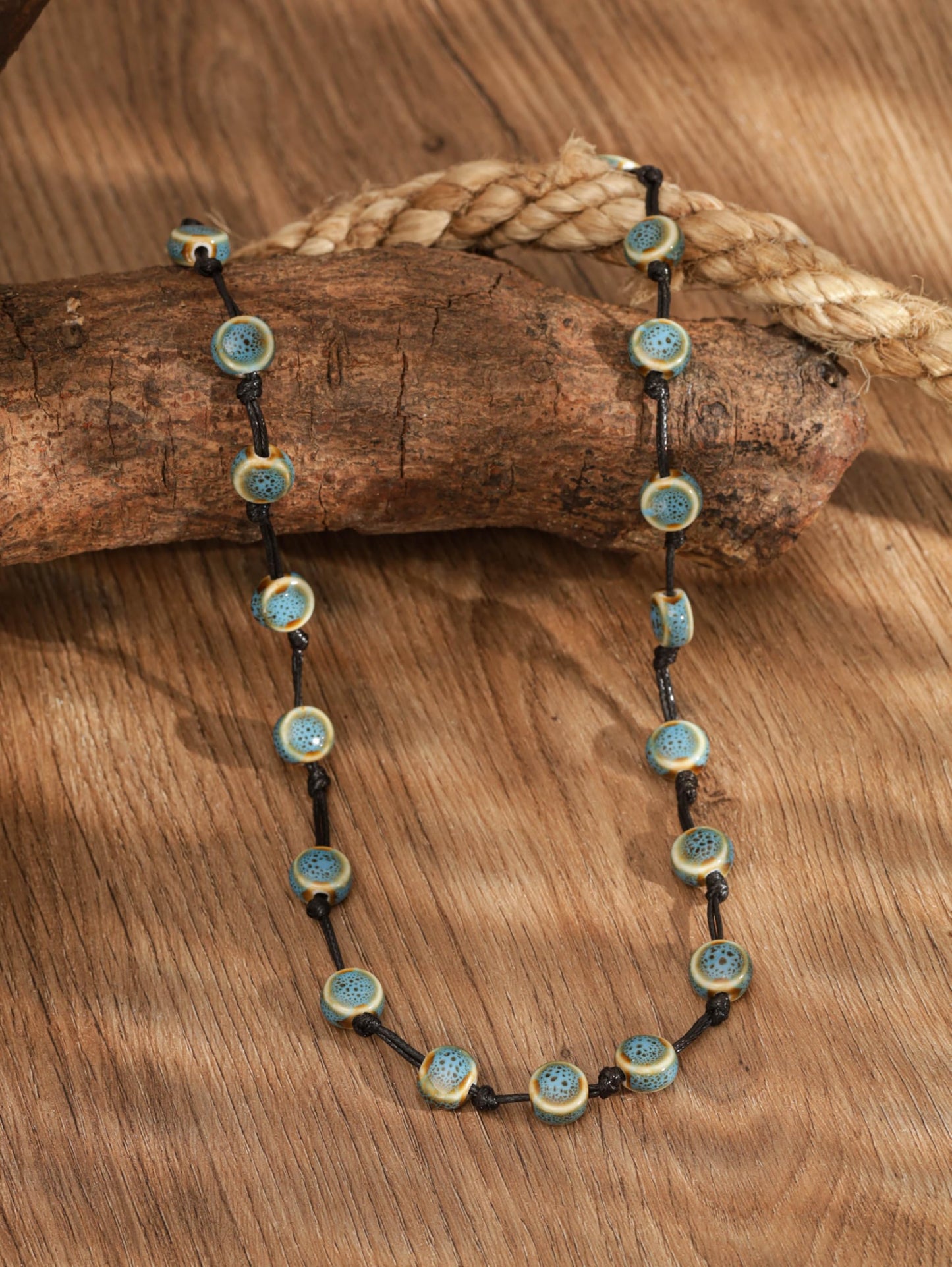 MINACHI Hippie Boho Blue Ceramic Bead Long Strand Necklace, Black Waxed Cord, Bohemian Beach Summer Jewelry Gift for Women