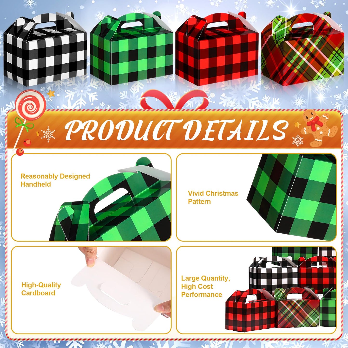 Clabby 24 Pcs Christmas Treat Boxes with Handles 3D Christmas Cookie Gift Boxes Cardboard Goodie Candy Bags Xmas Santa Elf Snowman Elk Gingerbread Holiday Party Favor Supplies, 4 Design(Plaid Style)