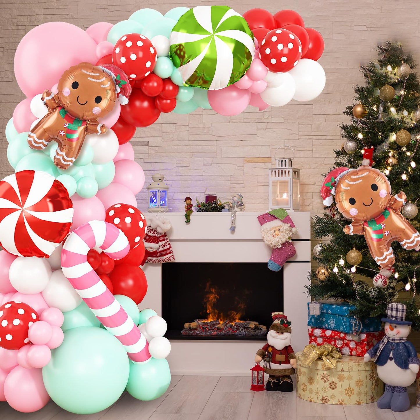 Gingerbread Balloon Garland Kit 139Pcs Pink Red Green White Christmas Balloons Arch with Gingerbread Man Candy Cane Foil Balloon New Year Xmas Cookie Exchange Gingerbread House Party Decorations