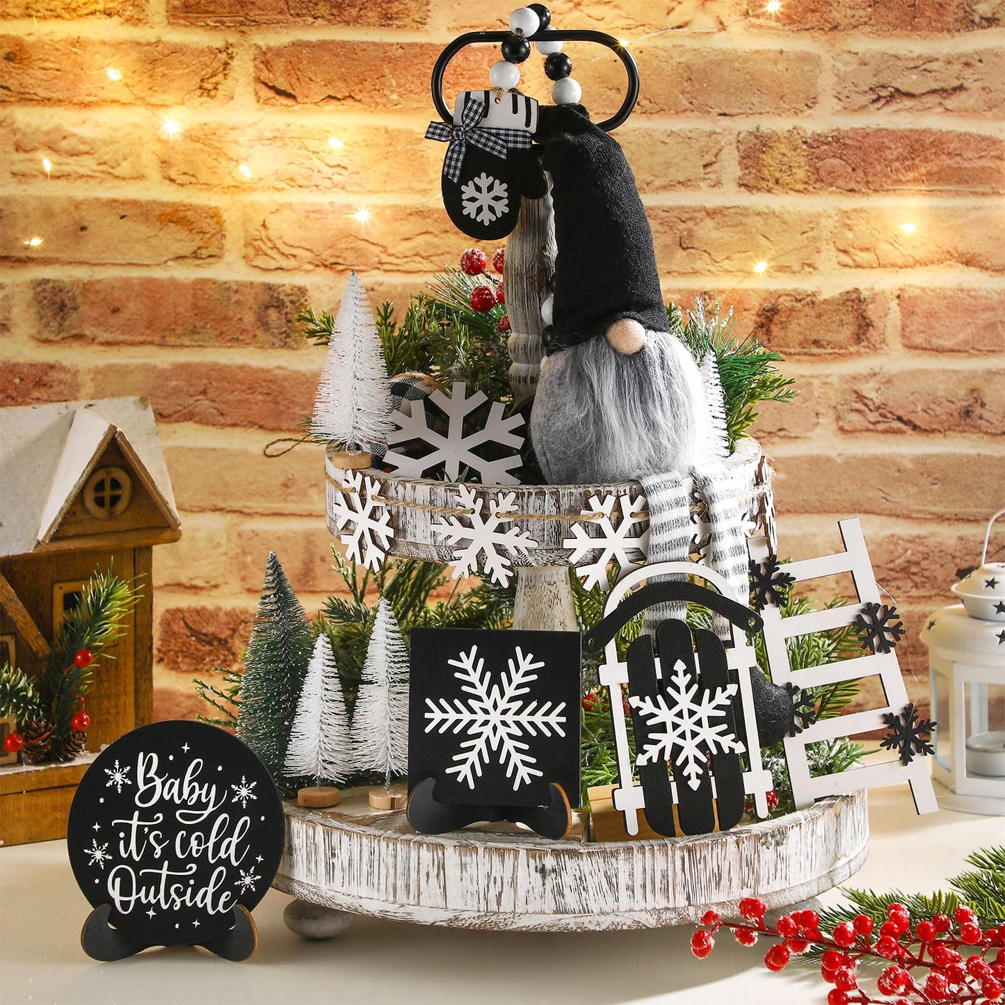 GlikCeil 19 Pcs Winter Tiered Tray Decor Snowflakes Wood Rustic Decoration Tiered Sign Table Centerpieces Without Tray for Tabletop Shelf Winter Xmas Home Party Gifts(Gnome)