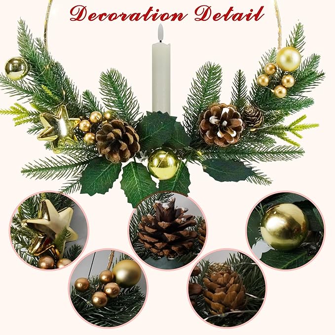 2Pack Christmas Wreaths for Front Door with Lights & Flickering LED Taper Candles & Remote, 16'' Windows Wreaths, Fireplace Christmas Decorations - Gold
